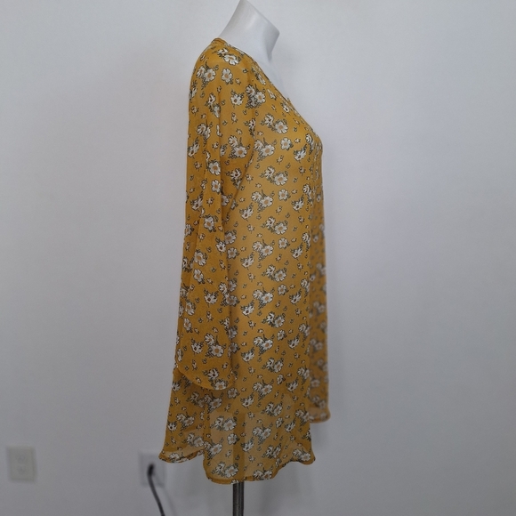 C&A Mustard Yellow Boho Floral Cottagecore Long Bell Sleeve Relaxed Fit Dress M - Picture 5 of 11